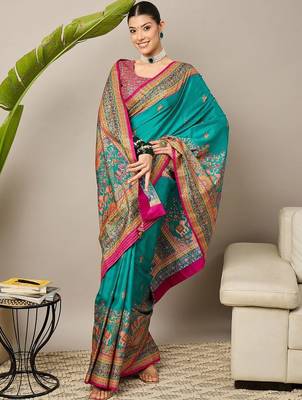 Teal floral printed banarasi saree with matching blouse 5