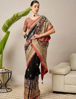 Black ethnic motifs embroidered banarasi saree 1