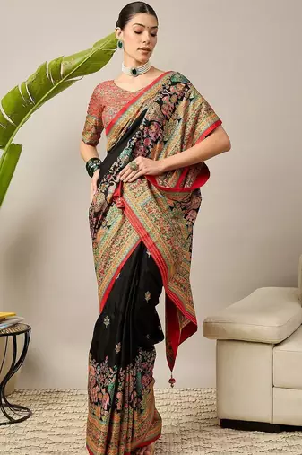 Black ethnic motifs embroidered banarasi saree