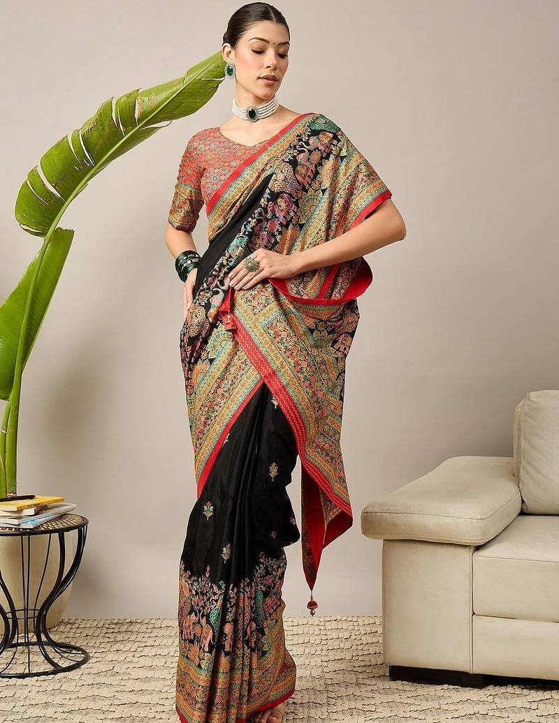 Black ethnic motifs embroidered banarasi saree