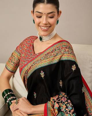 Black ethnic motifs embroidered banarasi saree 2