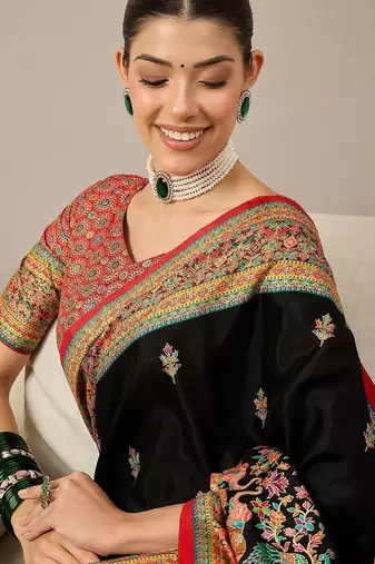 Black ethnic motifs embroidered banarasi saree