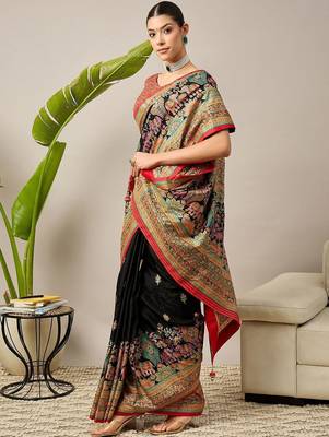 Black ethnic motifs embroidered banarasi saree 5