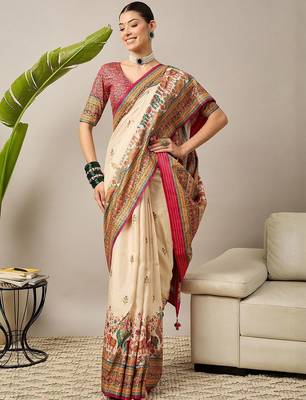 Cream ethnic motifs banarasi saree 1