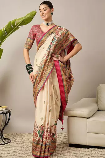 Cream ethnic motifs banarasi saree