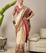 Cream ethnic motifs banarasi saree
