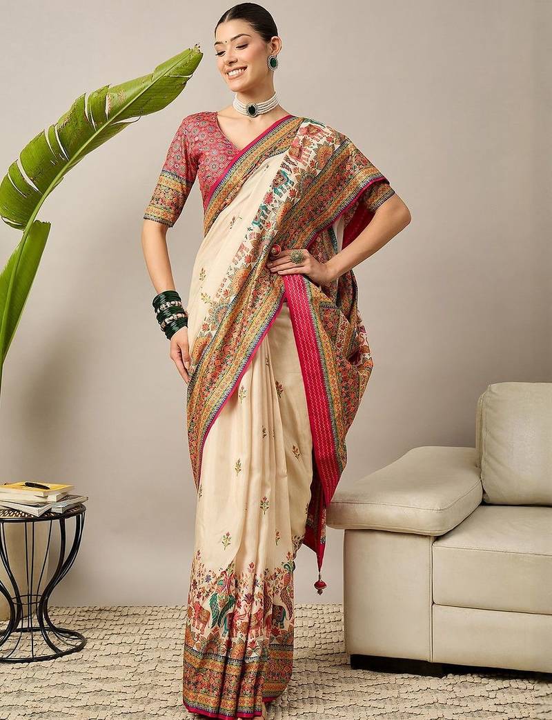Cream ethnic motifs banarasi saree