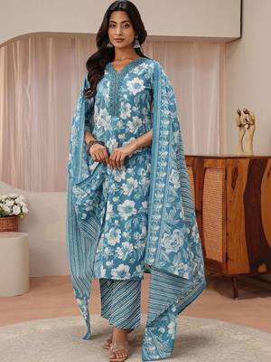 libas blue floral printed straight suit set 1