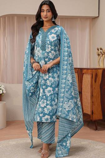 libas blue floral printed straight suit set