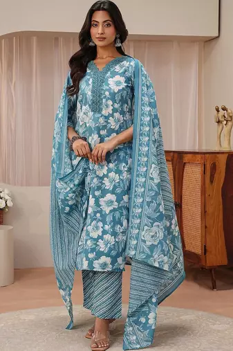 libas blue floral printed straight suit set