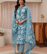 libas blue floral printed straight suit set