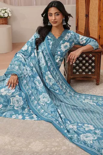 libas blue floral printed straight suit set