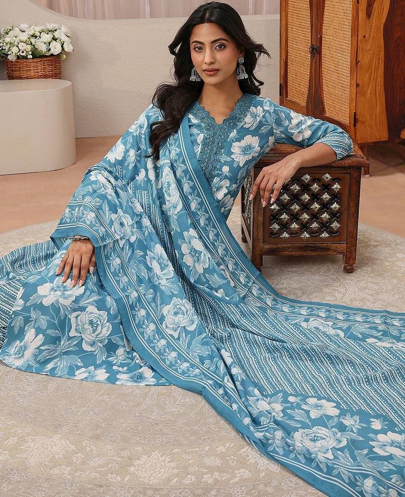 libas blue floral printed straight suit set
