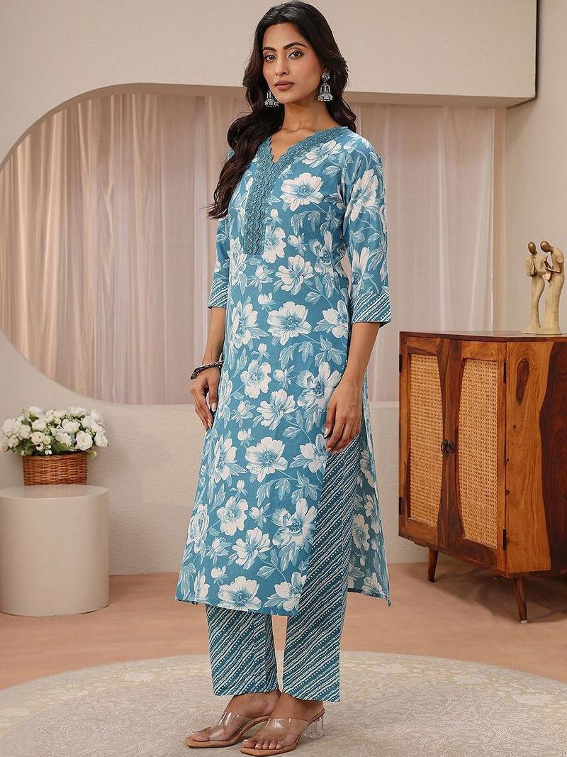libas blue floral printed straight suit set