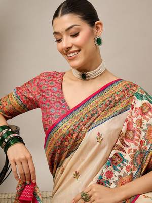 Cream ethnic motifs banarasi saree 2