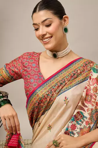 Cream ethnic motifs banarasi saree