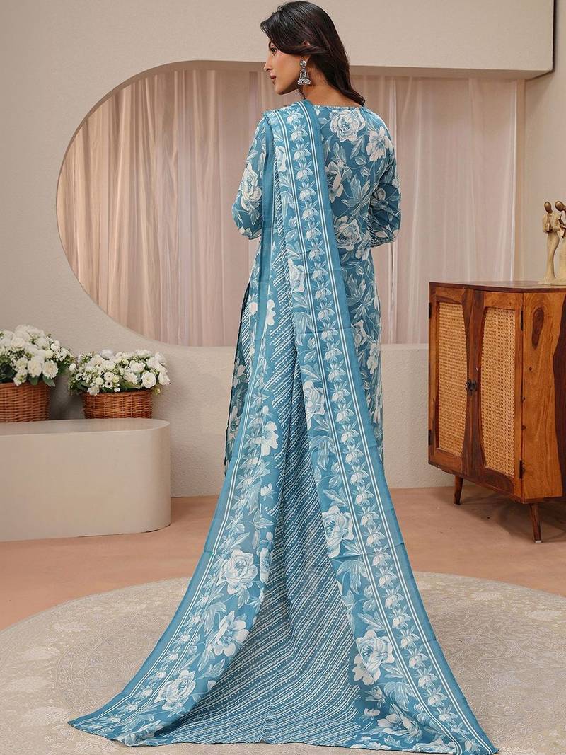 libas blue floral printed straight suit set