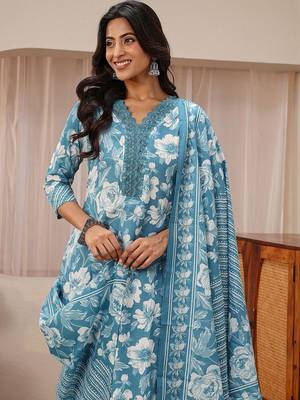 libas blue floral printed straight suit set 5