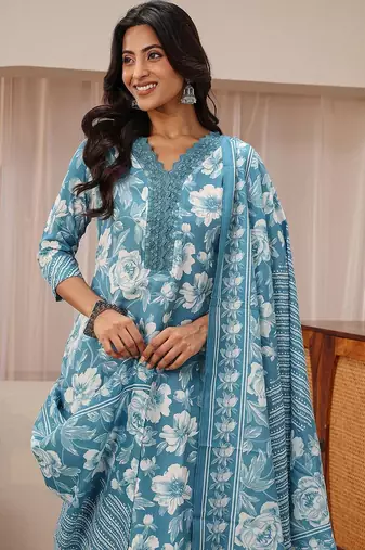 libas blue floral printed straight suit set