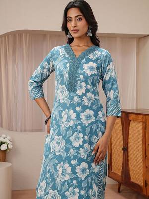 libas blue floral printed straight suit set 6