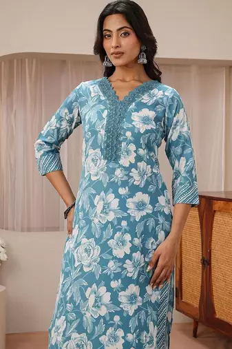 libas blue floral printed straight suit set