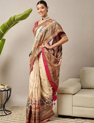 Cream ethnic motifs banarasi saree 3