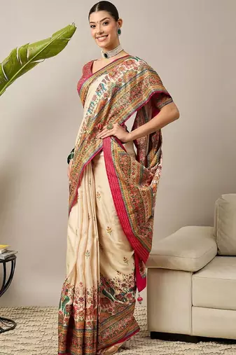 Cream ethnic motifs banarasi saree