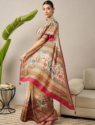 Cream ethnic motifs banarasi saree 4