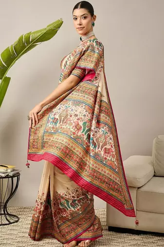 Cream ethnic motifs banarasi saree