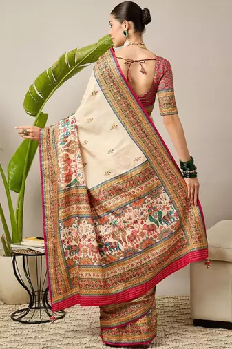 Cream ethnic motifs banarasi saree