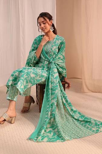 women floral printed regular thread work kurta with trousers & with dupatta