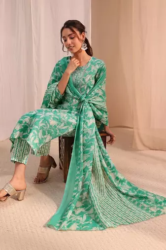 women floral printed regular thread work kurta with trousers & with dupatta