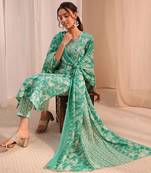 women floral printed regular thread work kurta with trousers & with dupatta