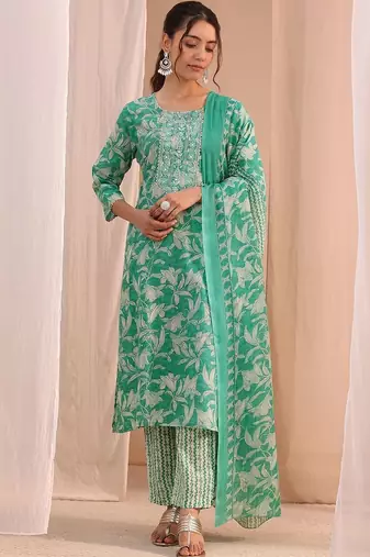 women floral printed regular thread work kurta with trousers & with dupatta