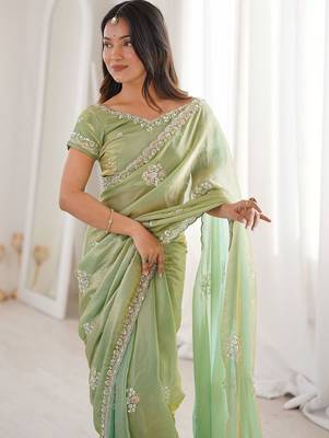 Sea green sea green satin ethnic embellished festive wear matching blouse sarees 1