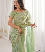 Sea green sea green satin ethnic embellished festive wear matching blouse sarees