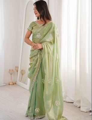 Sea green sea green satin ethnic embellished festive wear matching blouse sarees 2