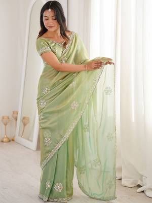 Sea green sea green satin ethnic embellished festive wear matching blouse sarees 3
