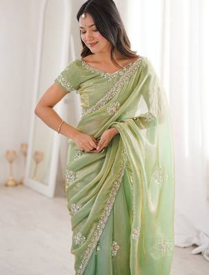 Sea green sea green satin ethnic embellished festive wear matching blouse sarees 4