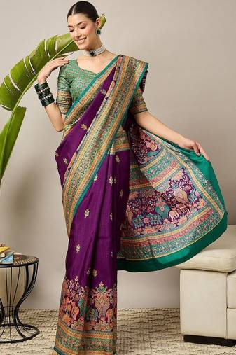 Purple ethnic motifs embroidered silk blend banarasi saree
