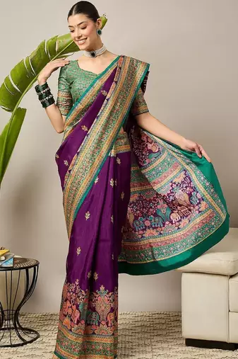 Purple ethnic motifs embroidered silk blend banarasi saree