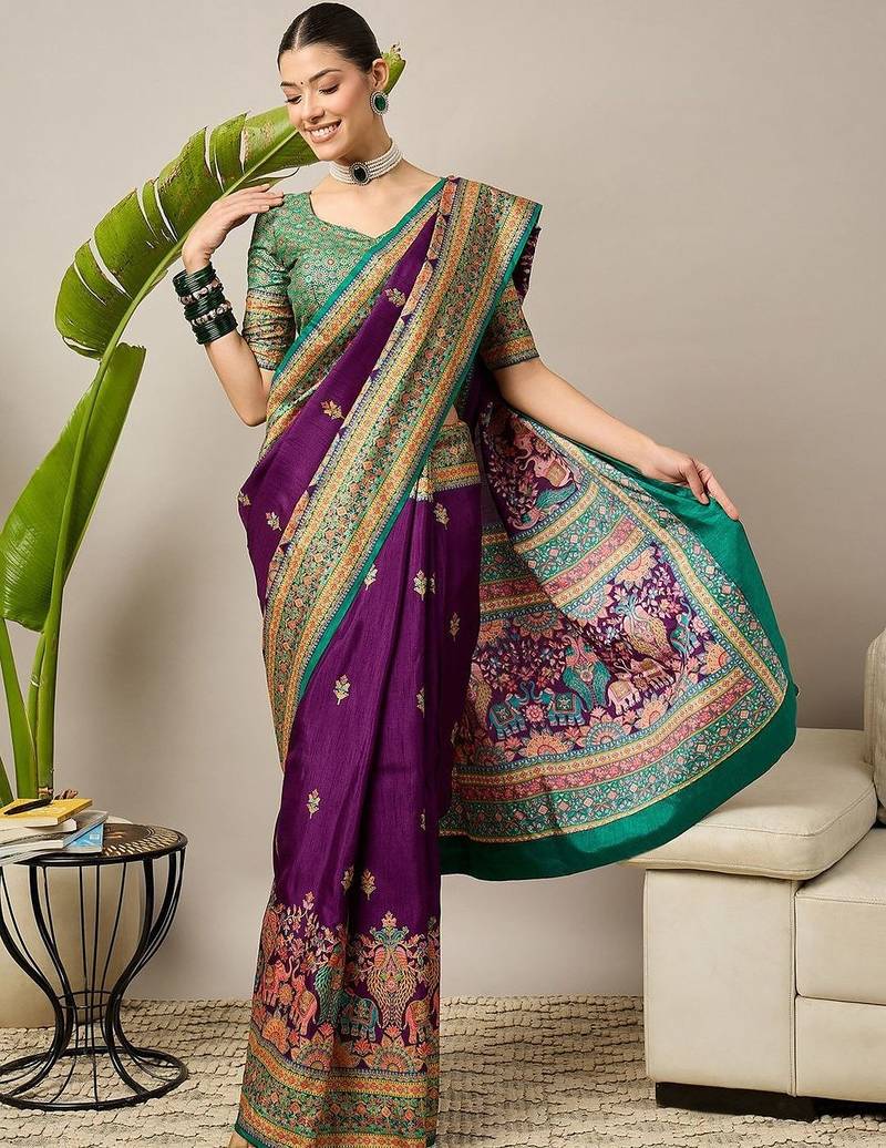 Purple ethnic motifs embroidered silk blend banarasi saree