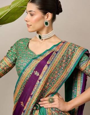 Purple ethnic motifs embroidered silk blend banarasi saree 2