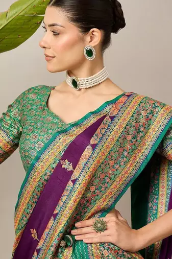 Purple ethnic motifs embroidered silk blend banarasi saree