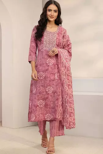 women ethnic motifs printed regular thread work kurta with trousers & with dupatta