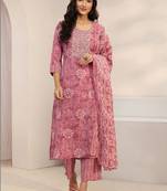 women ethnic motifs printed regular thread work kurta with trousers & with dupatta
