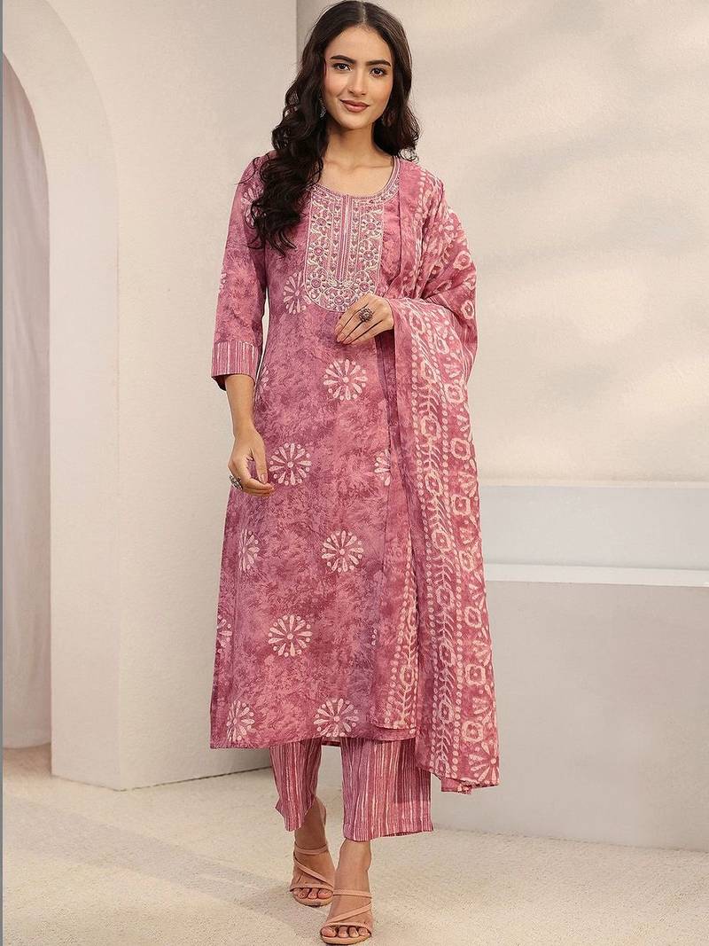 women ethnic motifs printed regular thread work kurta with trousers & with dupatta