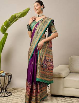 Purple ethnic motifs embroidered silk blend banarasi saree 3
