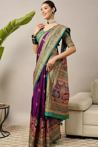 Purple ethnic motifs embroidered silk blend banarasi saree