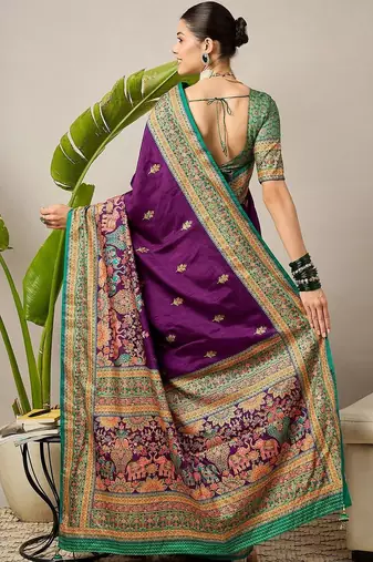 Purple ethnic motifs embroidered silk blend banarasi saree